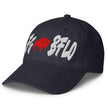 Navy Buffalo football LFG BFLO hat left side view showing white embroidered lettering and red buffalo silhouette graphic