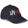 Navy Buffalo football LFG BFLO hat right side view showing red buffalo silhouette and bold white Buffalo football embroidery.