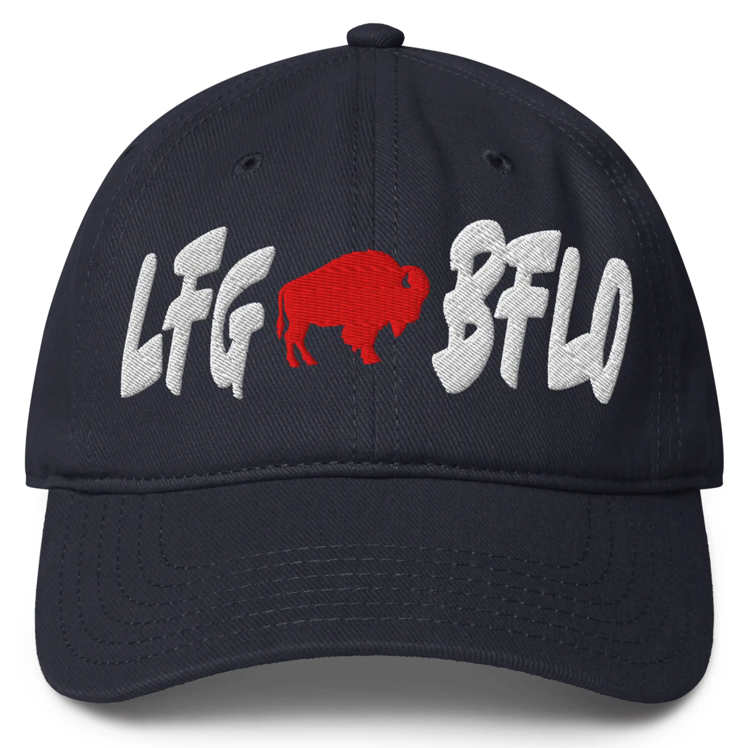 Navy Buffalo football LFG BFLO hat featuring white embroidered lettering and red buffalo silhouette, bold game day tailgate party hat for Buffalo fans.