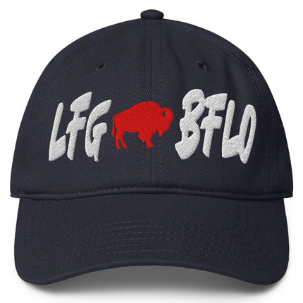 Navy Buffalo football LFG BFLO hat featuring white embroidered lettering and red buffalo silhouette, bold game day tailgate party hat for Buffalo fans.