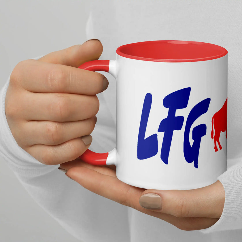 Close-up of white ceramic coffee mug with bold blue ‘LFG BFLO’ lettering and red buffalo silhouette centered, Buffalo football fan drinkware detail.