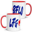 Two white ceramic coffee mugs featuring bold blue ‘LFG BFLO’ lettering with red buffalo silhouette centered in the design, Buffalo football themed drinkware.