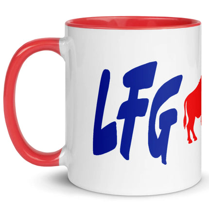 White ceramic coffee mug showing partial ‘LFG BFLO’ blue lettering and red buffalo silhouette design for Buffalo football fans.