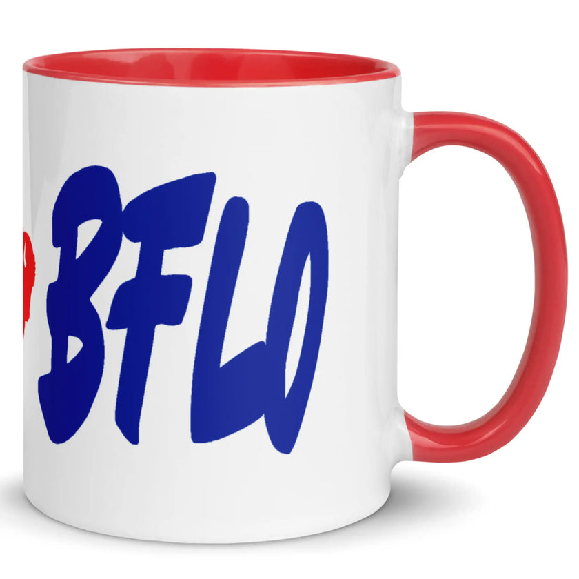 White ceramic coffee mug with continuation of bold blue ‘LFG BFLO’ lettering and red buffalo silhouette on Buffalo football themed design.