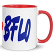 White ceramic coffee mug with continuation of bold blue ‘LFG BFLO’ lettering and red buffalo silhouette on Buffalo football themed design.
