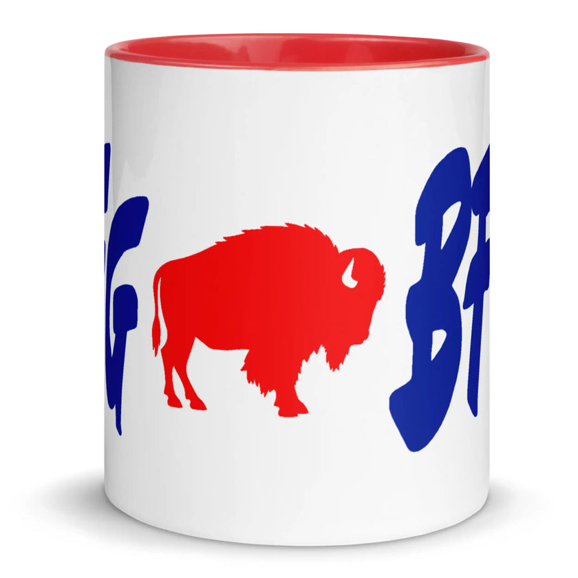Side view of white ceramic coffee mug featuring Buffalo football inspired ‘LFG BFLO’ design in bold blue lettering with red buffalo silhouette.