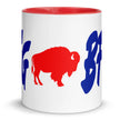 Side view of white ceramic coffee mug featuring Buffalo football inspired ‘LFG BFLO’ design in bold blue lettering with red buffalo silhouette.