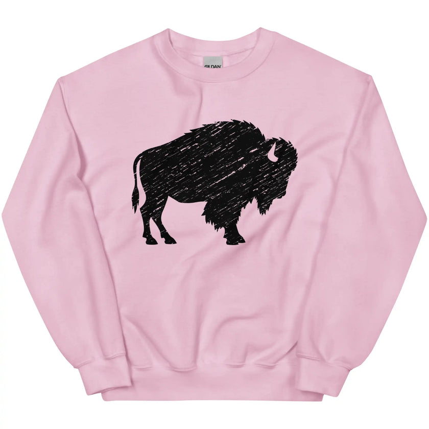 Light pink Buffalo NY sweatshirt flat lay featuring a bold black distressed buffalo graphic and soft feminine hometown style.