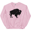 Light pink Buffalo NY sweatshirt flat lay featuring a bold black distressed buffalo graphic and soft feminine hometown style.