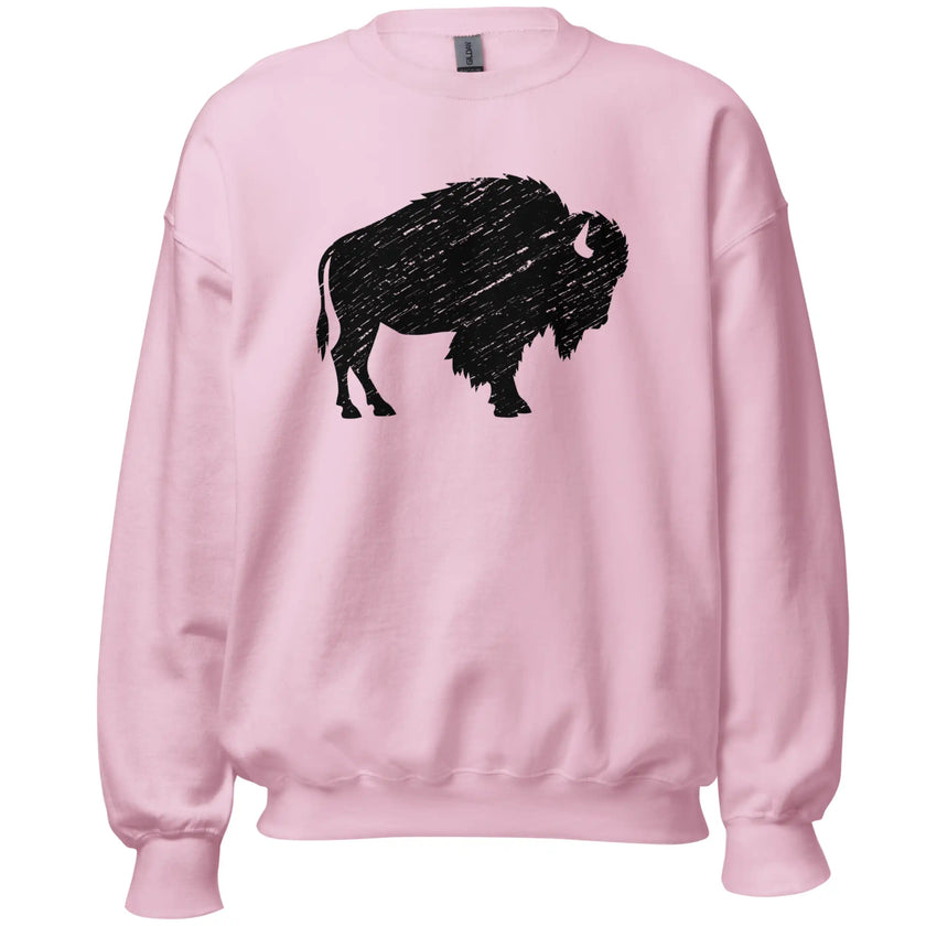 Light pink Buffalo hometown sweatshirt with a large black distressed buffalo graphic, pretty casual apparel for showing Buffalo NY pride.