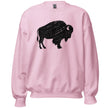 Light pink Buffalo hometown sweatshirt with a large black distressed buffalo graphic, pretty casual apparel for showing Buffalo NY pride.