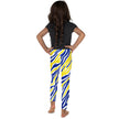 Behind view of toddler and little kid Buffalo fan leggings, highlighting the detailed blue and gold stripe pattern and comfortable fitted design.