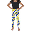 Child posing in blue and gold Buffalo hockey leggings, showing the flexible fit and eye-catching stripe pattern designed for active little fans.