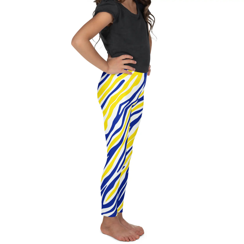 Right side view of toddler Buffalo hockey apparel featuring colorful blue and gold stripes and a playful Buffalo-inspired pattern for young fans.