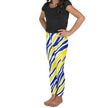 Left side view of kids’ Buffalo hockey leggings displaying the original blue and gold stripe design with bold Buffalo silhouettes.