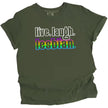 Retro Pride t-shirt in green, ‘Live Laugh Lesbian’ design with rainbow gradient text, soft and cute LGBTQ aesthetic shirt.
