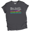 ‘Live Laugh Lesbian’ graphic tee in grey, retro font with rainbow-colored accent lettering, simple and cute Pride shirt.