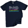 ‘Live Laugh Lesbian’ Pride t-shirt in navy, retro white lettering with rainbow gradient ‘lesbian’ text, cute LGBTQ aesthetic graphic tee.