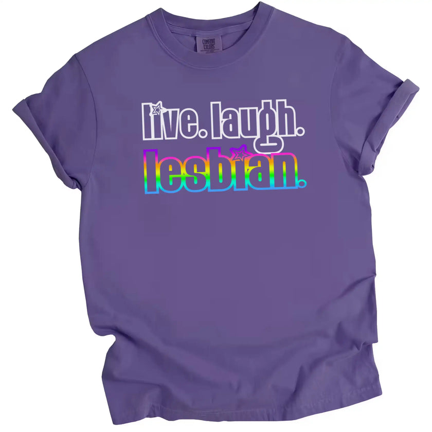 Cute Pride t-shirt in purple, ‘Live Laugh Lesbian’ retro design with rainbow gradient word detail, playful LGBTQ graphic tee.