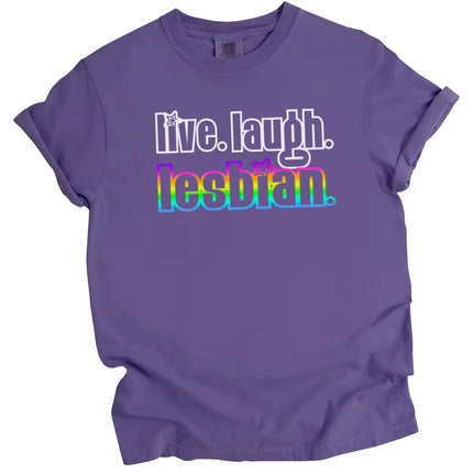 Cute Pride t-shirt in purple, ‘Live Laugh Lesbian’ retro design with rainbow gradient word detail, playful LGBTQ graphic tee.
