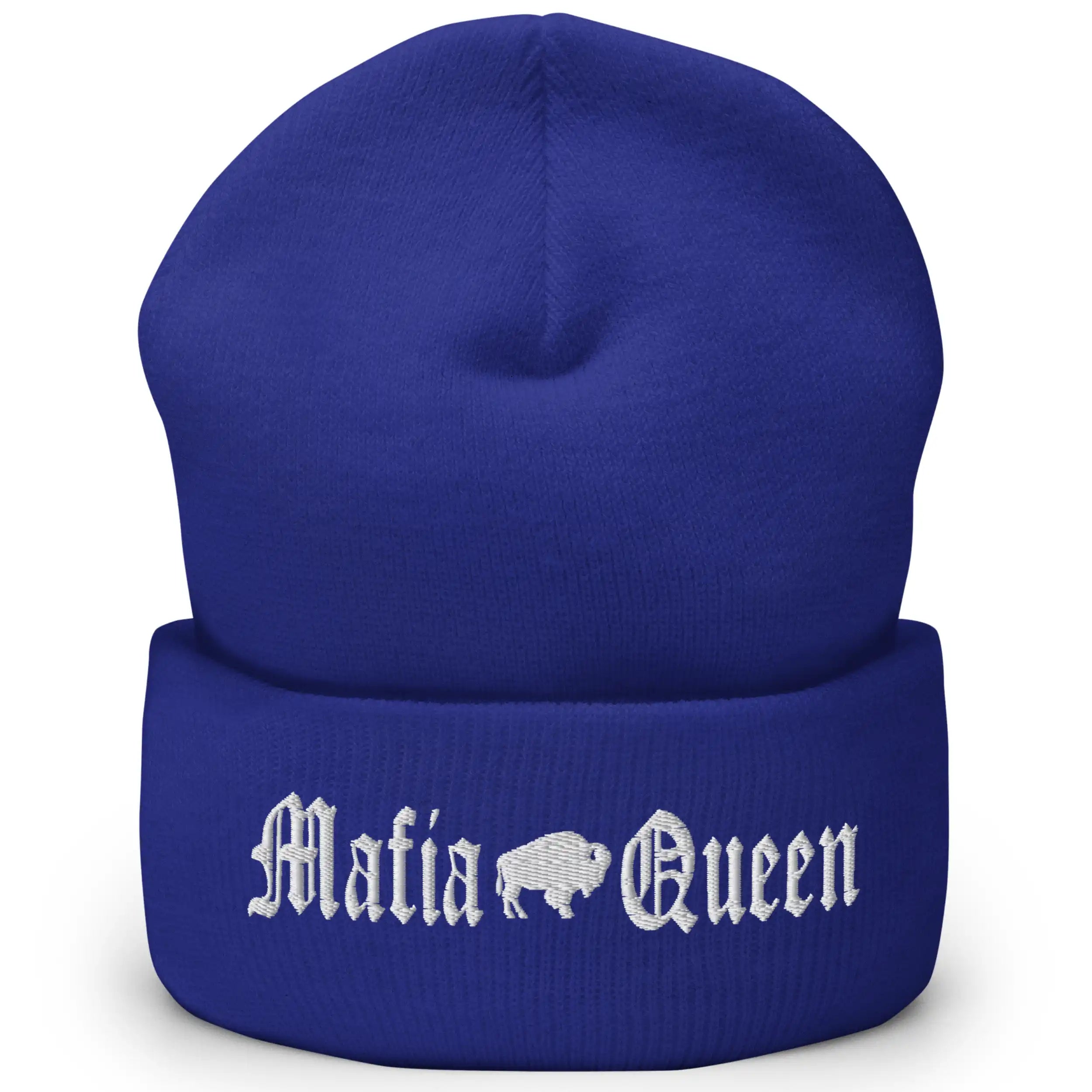 Blue Buffalo football winter beanie with white embroidered ‘Mafia Queen’ design and Buffalo silhouette between the words, cozy cuffed hat for showing team pride.