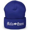 Blue Buffalo football winter beanie with white embroidered ‘Mafia Queen’ design and Buffalo silhouette between the words, cozy cuffed hat for showing team pride.