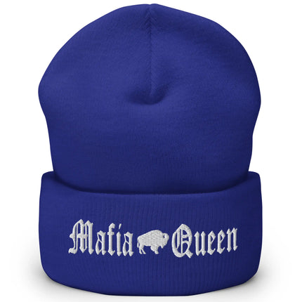 Blue Buffalo football winter beanie with white embroidered ‘Mafia Queen’ design and Buffalo silhouette between the words, cozy cuffed hat for showing team pride.