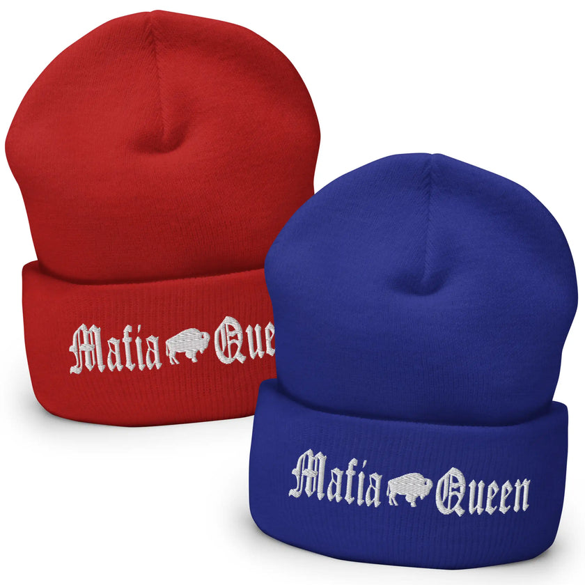 Two knit cuffed beanies on a white background: one red and one royal blue, each with white embroidered Gothic-style text reading 'Mafia Queen' and a white buffalo graphic.