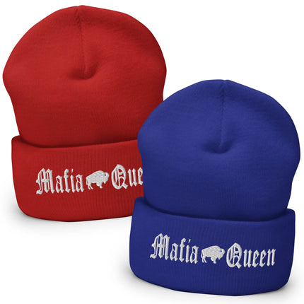 Two knit cuffed beanies on a white background: one red and one royal blue, each with white embroidered Gothic-style text reading 'Mafia Queen' and a white buffalo graphic.