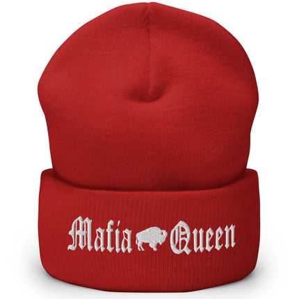 Red cuffed winter beanie featuring embroidered white ‘Mafia Queen’ lettering with a small Buffalo silhouette, bold cold-weather accessory for Buffalo football fans