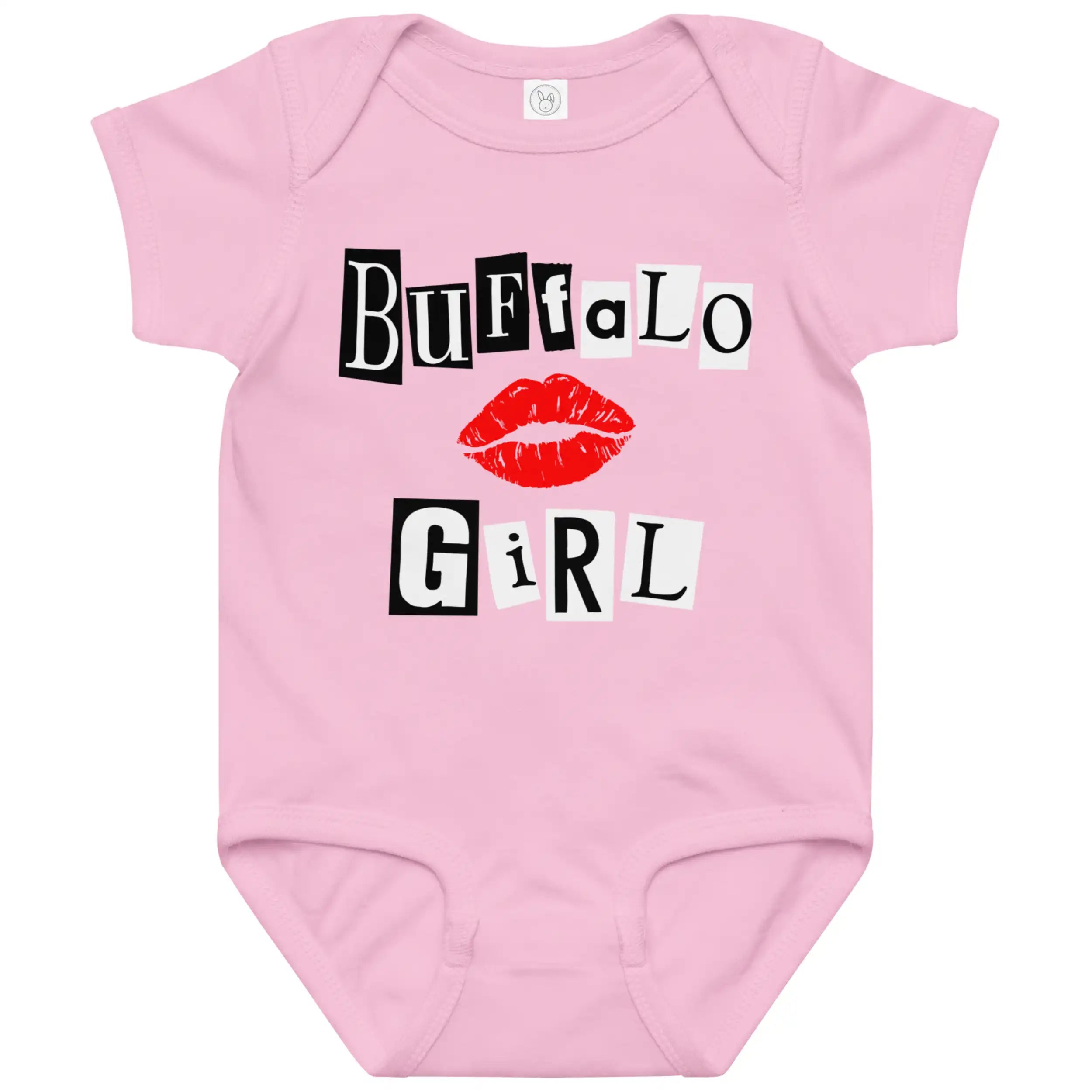 Pink baby bodysuit featuring magazine-style cutout lettering design with red lips graphic and bold black and white collage aesthetic, cute mean girl energy culture inspired baby outfit.