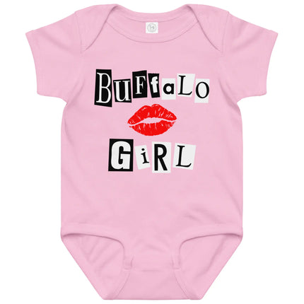 Pink baby bodysuit featuring magazine-style cutout lettering design with red lips graphic and bold black and white collage aesthetic, cute mean girl energy culture inspired baby outfit.