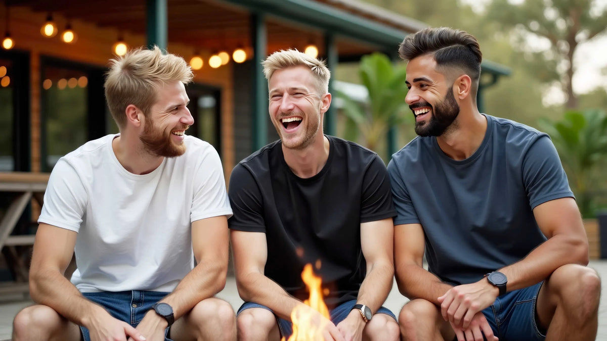 Men’s graphic tees and hoodies lifestyle collection featuring three casually dressed men relaxing around a modern outdoor firepit in stylish everyday apparel with a warm masculine aesthetic.