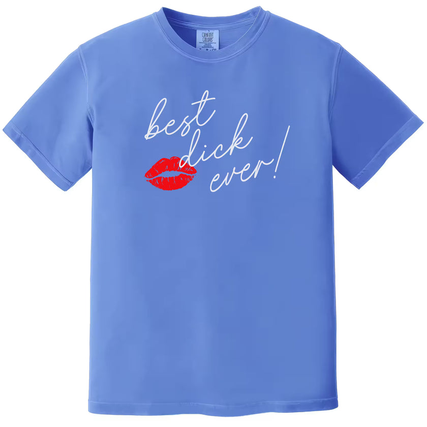 Blue Best Dick Ever men’s tee flat lay featuring flirty red lips graphic for fun Valentine’s vibes