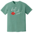 Light green men’s Best Dick Ever! shirt flat lay with bold red lips, funny pun for Valentine’s gifting