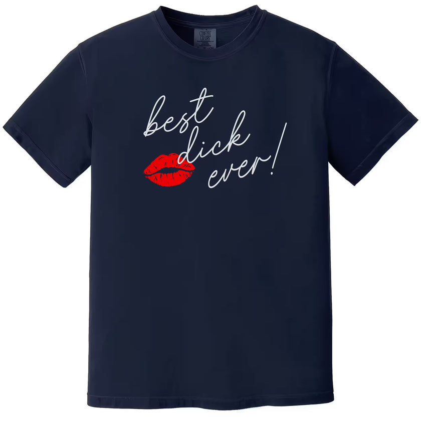 Navy men’s Best Dick Ever t-shirt flat lay with playful red lips, perfect flirty Valentine’s design