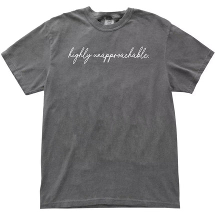 Gray “Highly Unapproachable” t-shirt flat lay featuring minimalist design and blunt funny message