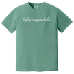 Green “Highly Unapproachable” t-shirt flat lay with clean script text and confident sarcastic vibe