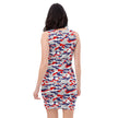 Woman wearing a sleeveless dress with Nickel City Buffalo camouflage pattern on a white background.