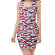 Nickel City Buffalo bodycon mini dress featuring an original red white blue and grey camouflage pattern, bold signature fan fashion designed to stand out.