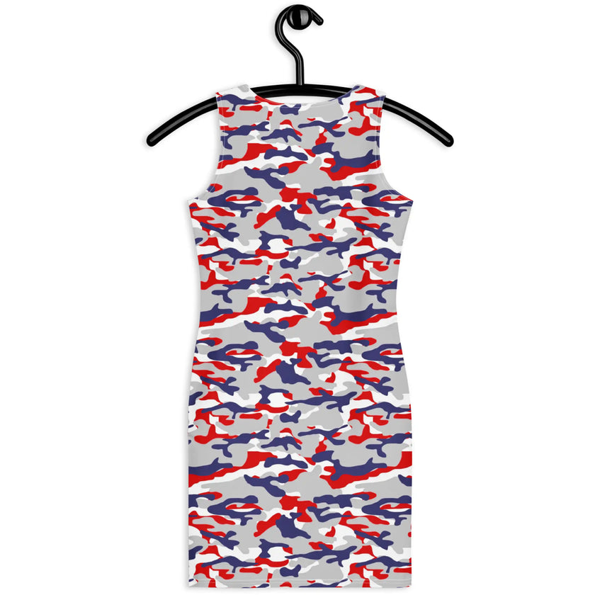 Hanging back view of Buffalo fan mini dress showcasing Nickel City camo color design, original pattern, and eye-catching bodycon silhouette.