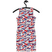 Hanging back view of Buffalo fan mini dress showcasing Nickel City camo color design, original pattern, and eye-catching bodycon silhouette.