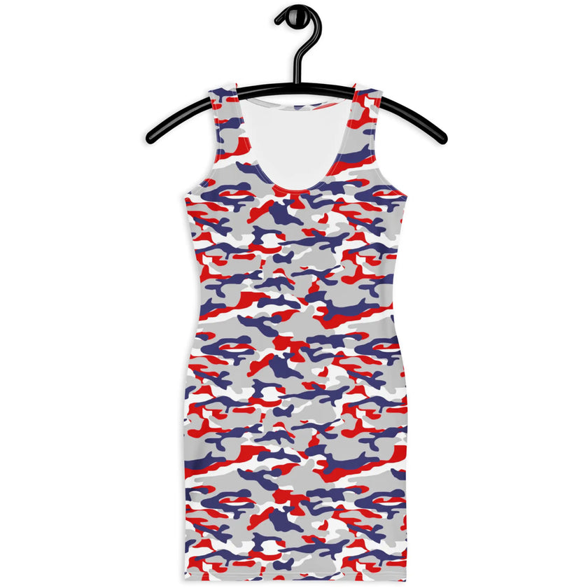 Hanging front view of Nickel City Buffalo bodycon dress highlighting the bold red white blue and grey camouflage pattern and sleek fitted shape.