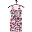 Hanging front view of Nickel City Buffalo bodycon dress highlighting the bold red white blue and grey camouflage pattern and sleek fitted shape.
