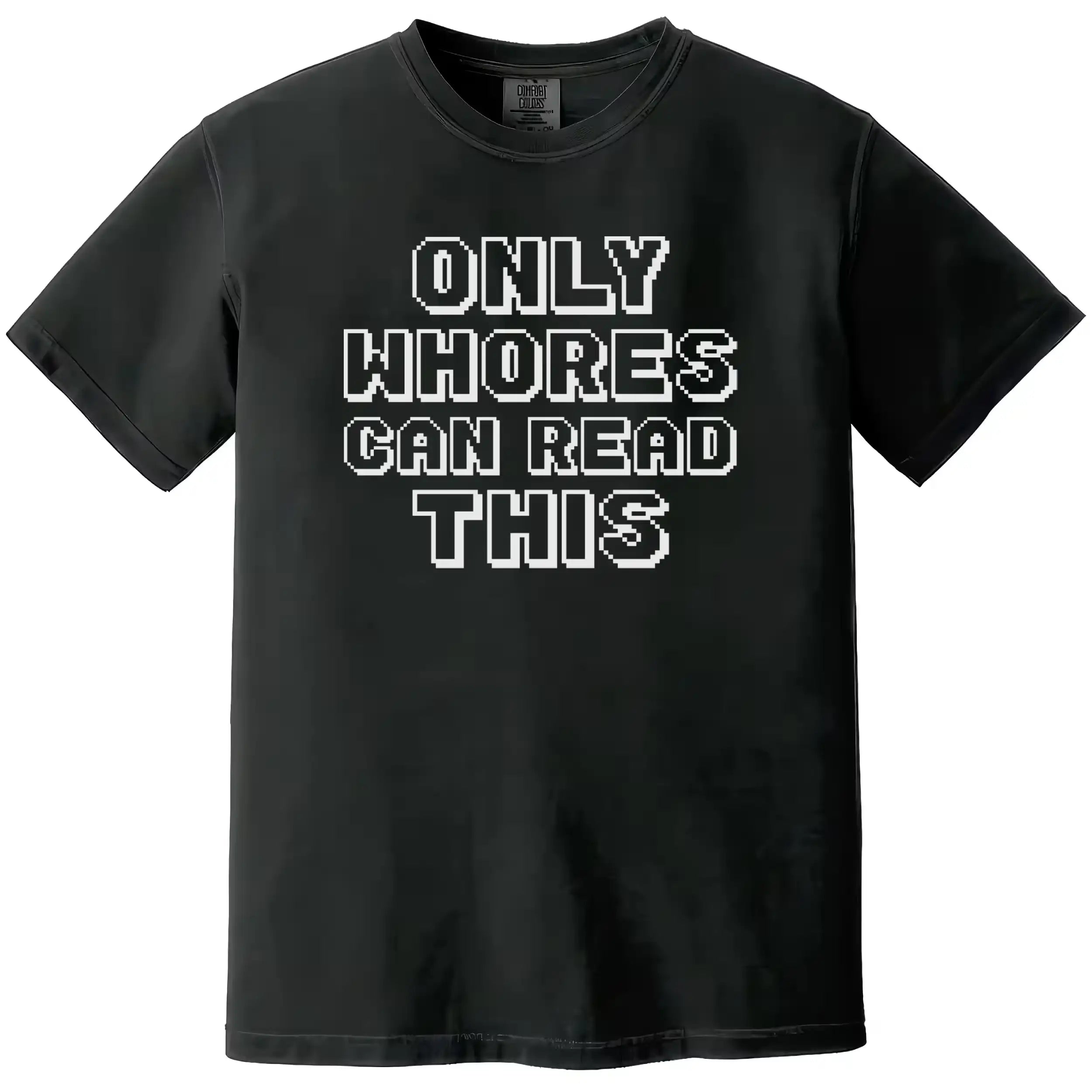 Edgy retro pixel humor t-shirt in black, bold sarcastic statement design, simple funny graphic tee for casual wear.