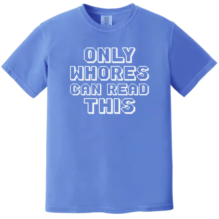 Retro pixel style t-shirt in blue, sarcastic edgy humor graphic design, bold statement casual funny tee.