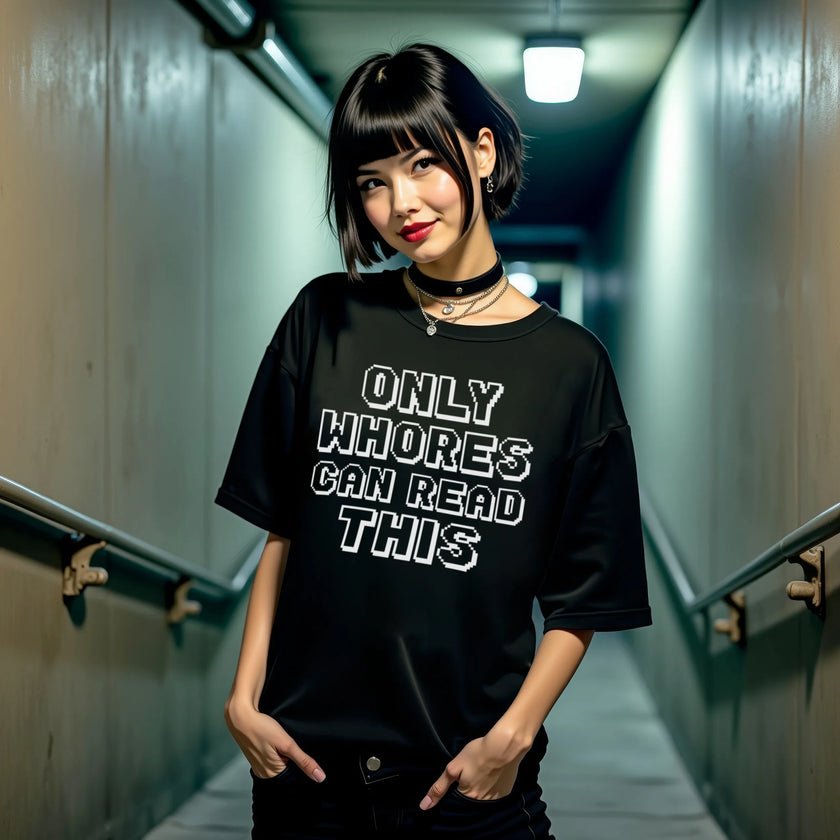 Female model wearing black retro pixel sarcastic graphic tee outdoors, bold edgy humor statement design, casual funny outfit.