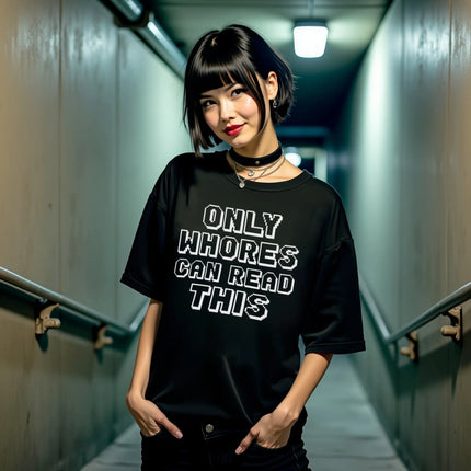 Female model wearing black retro pixel sarcastic graphic tee outdoors, bold edgy humor statement design, casual funny outfit.