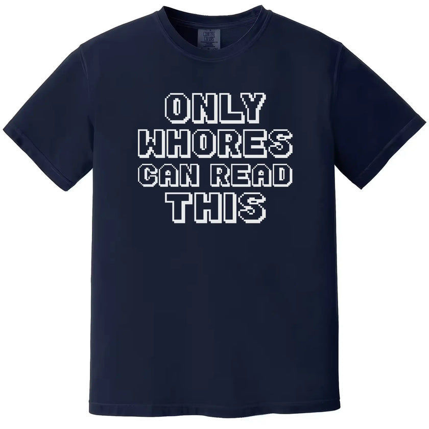 Retro pixel sarcastic graphic tee in navy, bold edgy humor statement design, funny minimalist text style shirt.