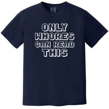 Retro pixel sarcastic graphic tee in navy, bold edgy humor statement design, funny minimalist text style shirt.